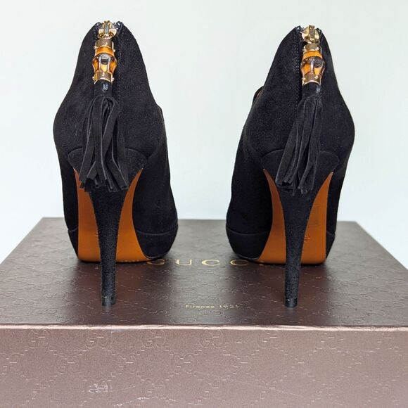 Gucci Betty High Heel Platform Bootie Size 36.5 | 6.5 Black Suede Bamboo Tassel - Picture 5 of 15